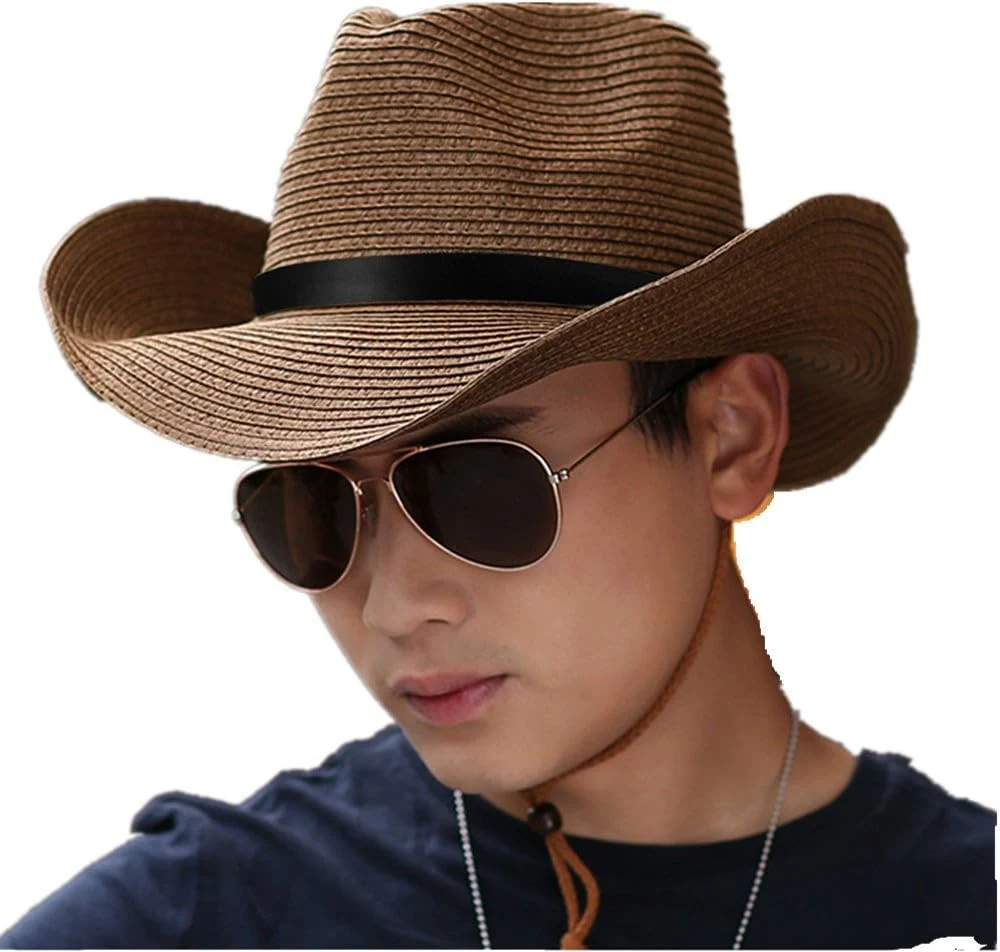 Homme Chapeau de Cowboy Paille Large Bord Panama Pliable Chapeau de Plage Soleil UPF50+ Casquette Visière Protection Solaire Hat Fedora Trilby avec Sangle Menton pour Printemps Eté