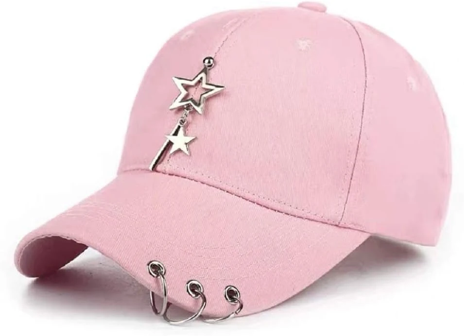 K-pop Casquette métallique ajustée avec chaîne à anneaux, design unique, décoration étoile