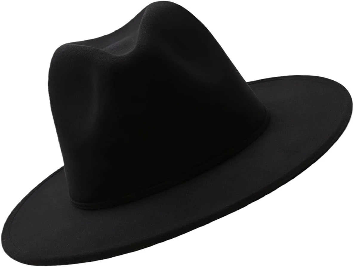 vipolish Chapeau Fedora Classique en Feutre Noir à Large Bord Panama Cowboy Jazz Souple pour Homme et Femme, Noir, Taille Unique