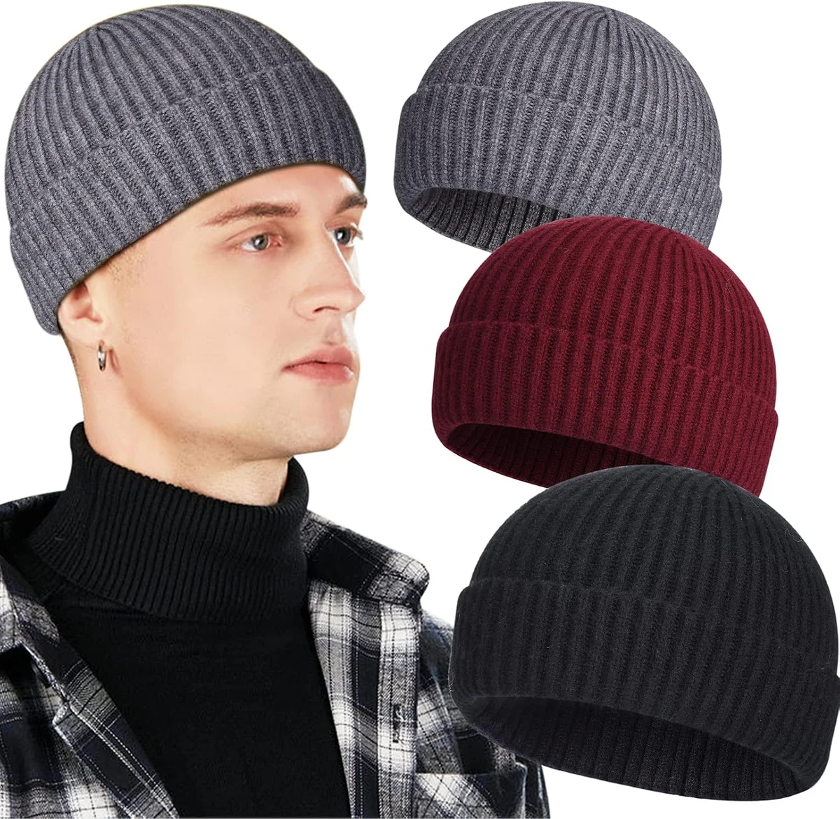 Lot de 3 bonnets de pêcheur en laine pour homme, bonnet de montre court à revers