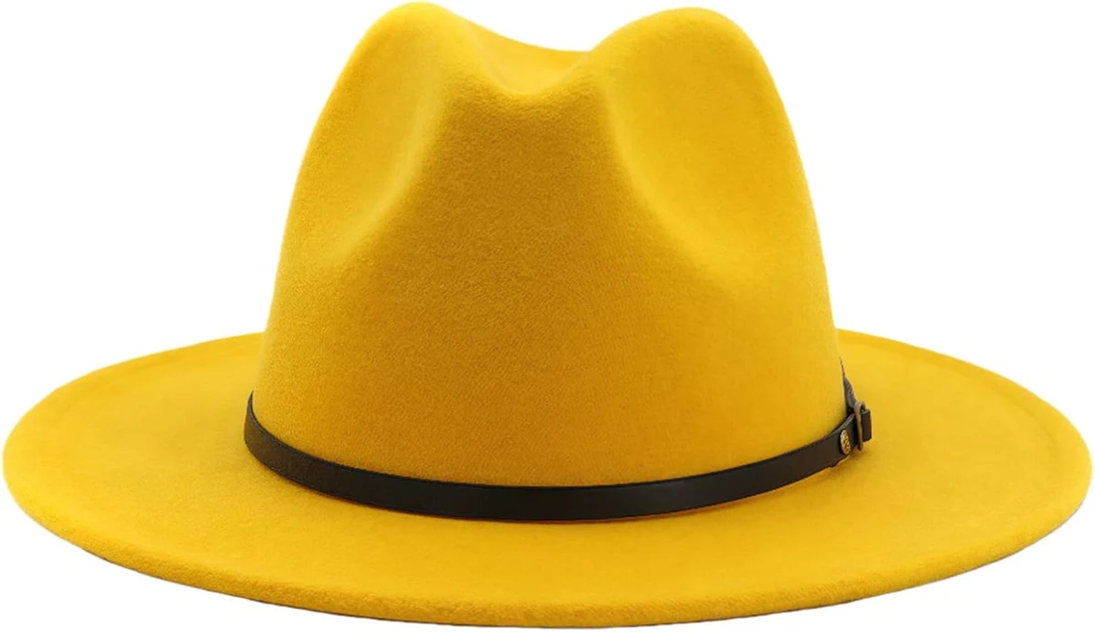 Fedora Chapeaux avec boucle de ceinture réglable classique à large bord en feutre Panama Chapeau trilby pour femme et homme (jaune)