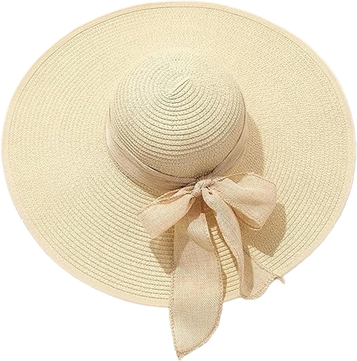 Chapeau de paille d'été pour femme - Chapeau de paille à large bord - Chapeau de paille pliable - Chapeau de plage UPF 50+ (beige)
