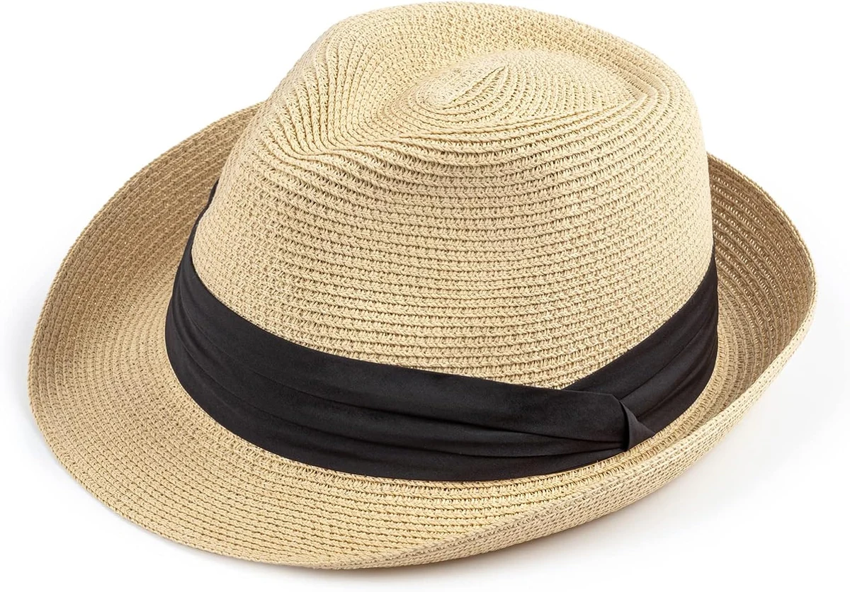 DRESHOW Chapeau de paille Panama pour femme - Chapeau de soleil Fedora - Chapeau d'été à large bord - Chapeau enroulable UPF 50+