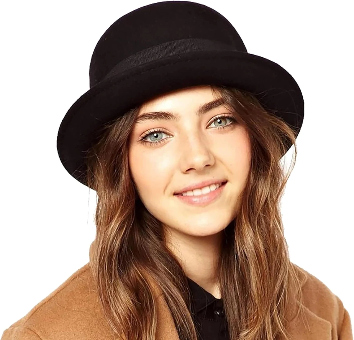 INOGIH Chapeau derby en laine rond pour homme et femme, chapeau melon noir à bord relevé (S/M)