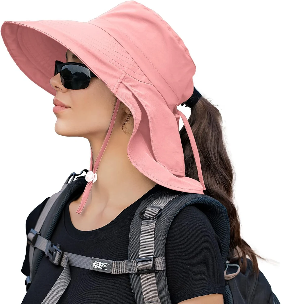 Chapeau Soleil Femme Anti UV UPF 50+ pour Randonnée et Pêche | Chapeau à Large Bord avec Cordon, Chapeaux Femme Pliable et Imperméable, Séchage Rapide, Trou Queue de Cheval et Rabat de Cou