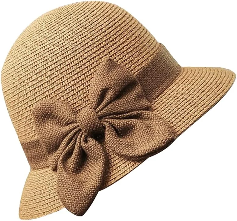 JIHUOO Chapeau cloche de paille - Chapeau melon d'été - Chapeau de soleil - Chapeau d'église vintage des années 1920 - Chapeau de plage pliable avec nœud pour femme
