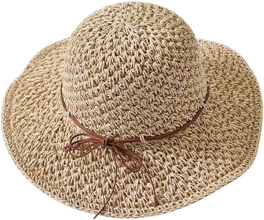 Chapeau de Paille d'Eté pour Femme Chapeau de Soleil Anti-UV Pliable Capeline Large Bord Protection Soleil UPF50+ Fedora Réglable Chapeau de Plage Respirant Décoration Vacances pour Extérieur Pêche