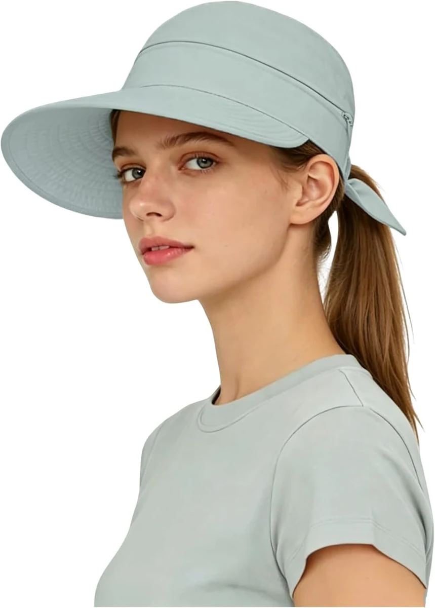 ITODA Femme Casquette Grande Visière Anti-Soleil en Coton Chapeau de Soleil Pliable Contre UPF 50+ Casquette Haut Vide Queue de Cheval Pare-Soleil Capeline d'été Large Bord Chapeau de Plage Voyage