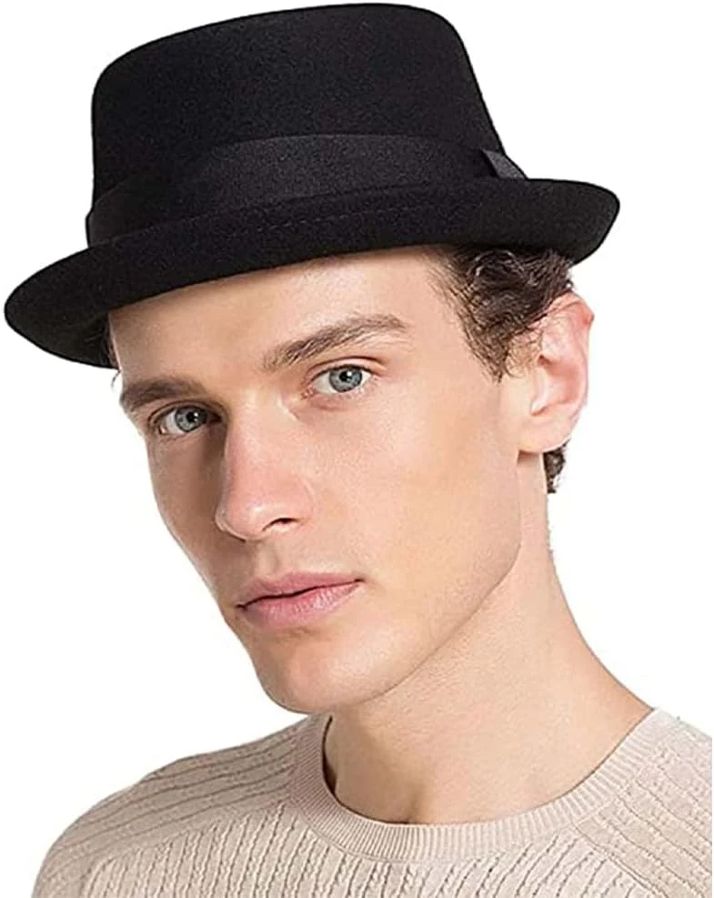 HIMESPORT Pork Pie Hat - Chapeau Fedora en feutre de laine marron pour homme - Chapeau Heisenberg - Style classique - Printemps - Automne - Taille M (58 cm)