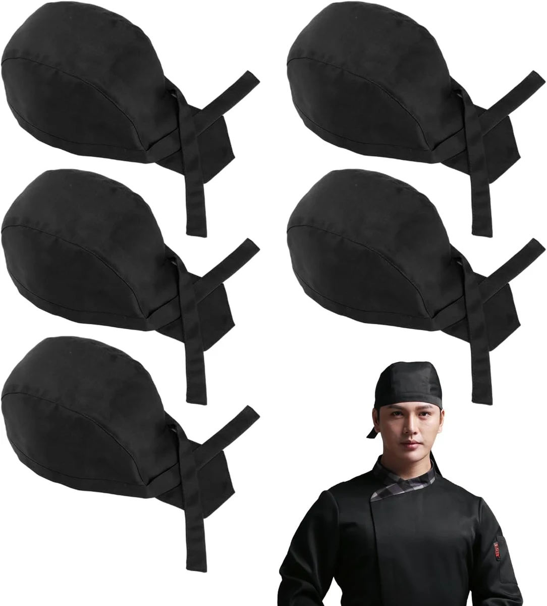 Lot de 5 bonnets de cuisine réglables - Long bandana de service - Bonnet de chef haut