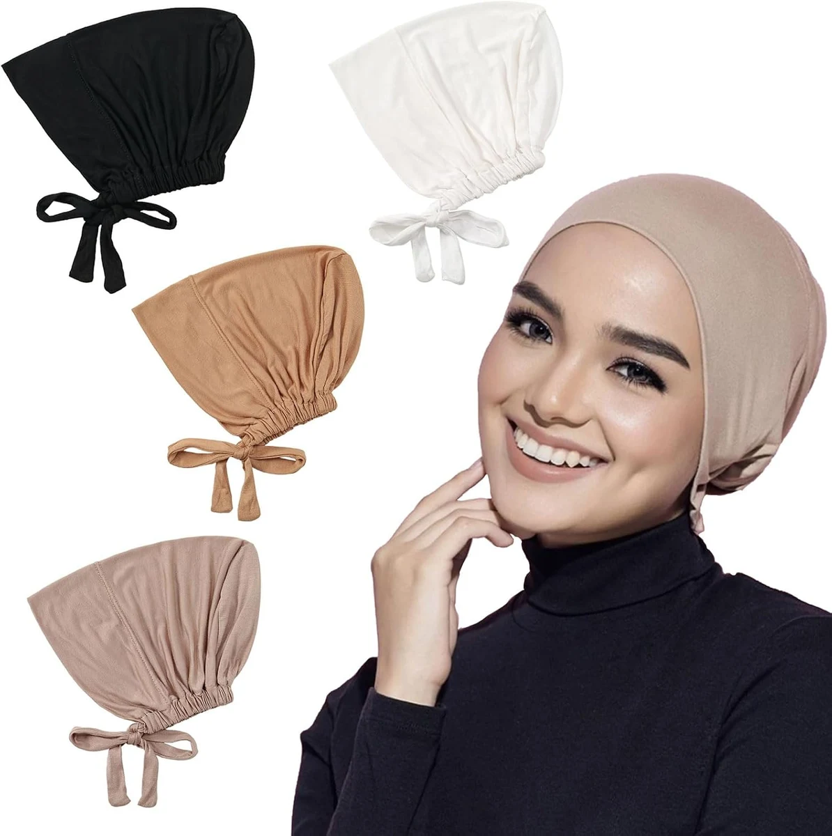 4 Pièces Bonnet Hijab Femme Bonnets RéGlables Pour Hijab Musulman Femme Hijab Undercap Turban Femme Respirant en Coton Élastique avec Cordon de Serrage Bonnets de Couchage Chemo