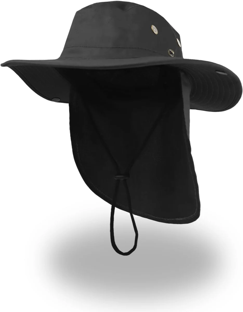 Homme Chapeau de Soleil Bob Homme Pliable Chapeau de Unisexe Soleil Large Bord Extérieur Anti UV Mentonnière Réglable et Rabat de Cou