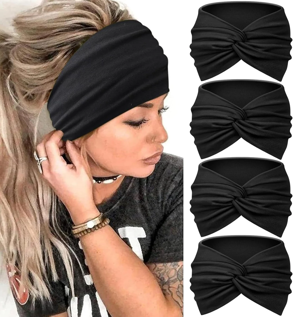 Blooms Bandeau Cheveux Femme, Bandeau Large Serre Tete Femme Élastique Headband Yoga Sport Bandana Multicolore Accessoire Cheveux 4 Pièces