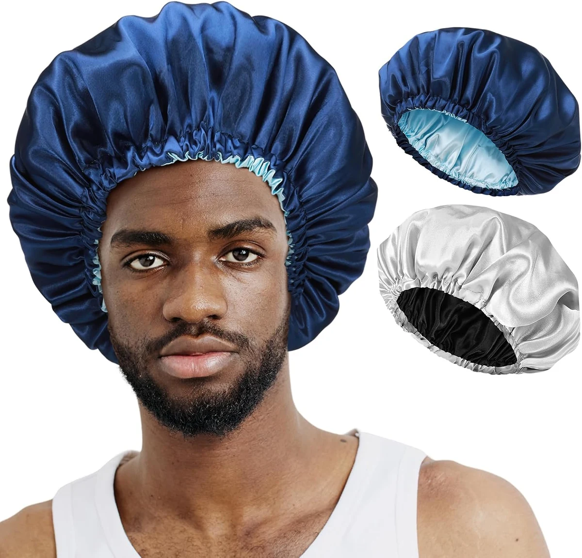 2 Pièces Bonnet en Satin pour Cheveux Nuit Homme Femmes Respirant Ajustable Élastique Antidérapant pour Tresses Bouclés Locks, Bleu + Argent/Noir + Gris