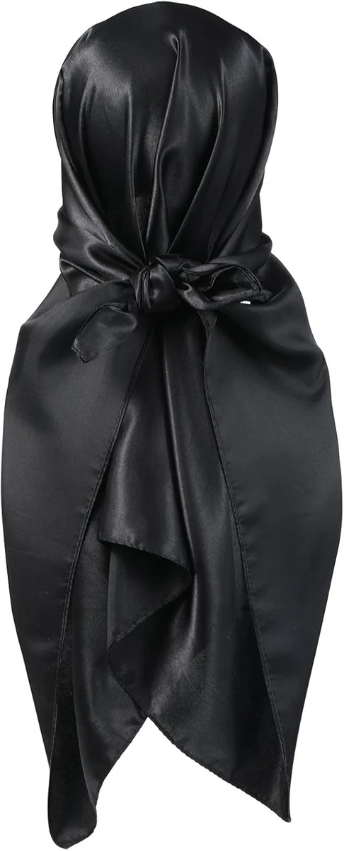 Qianyu Grandes écharpes carrées 90 x 90 cm pour femme - En soie noire - Bandanas - Foulard en satin - Accessoire de cheveux pour envelopper les cheveux et dormir la nuit, Noir , taille unique