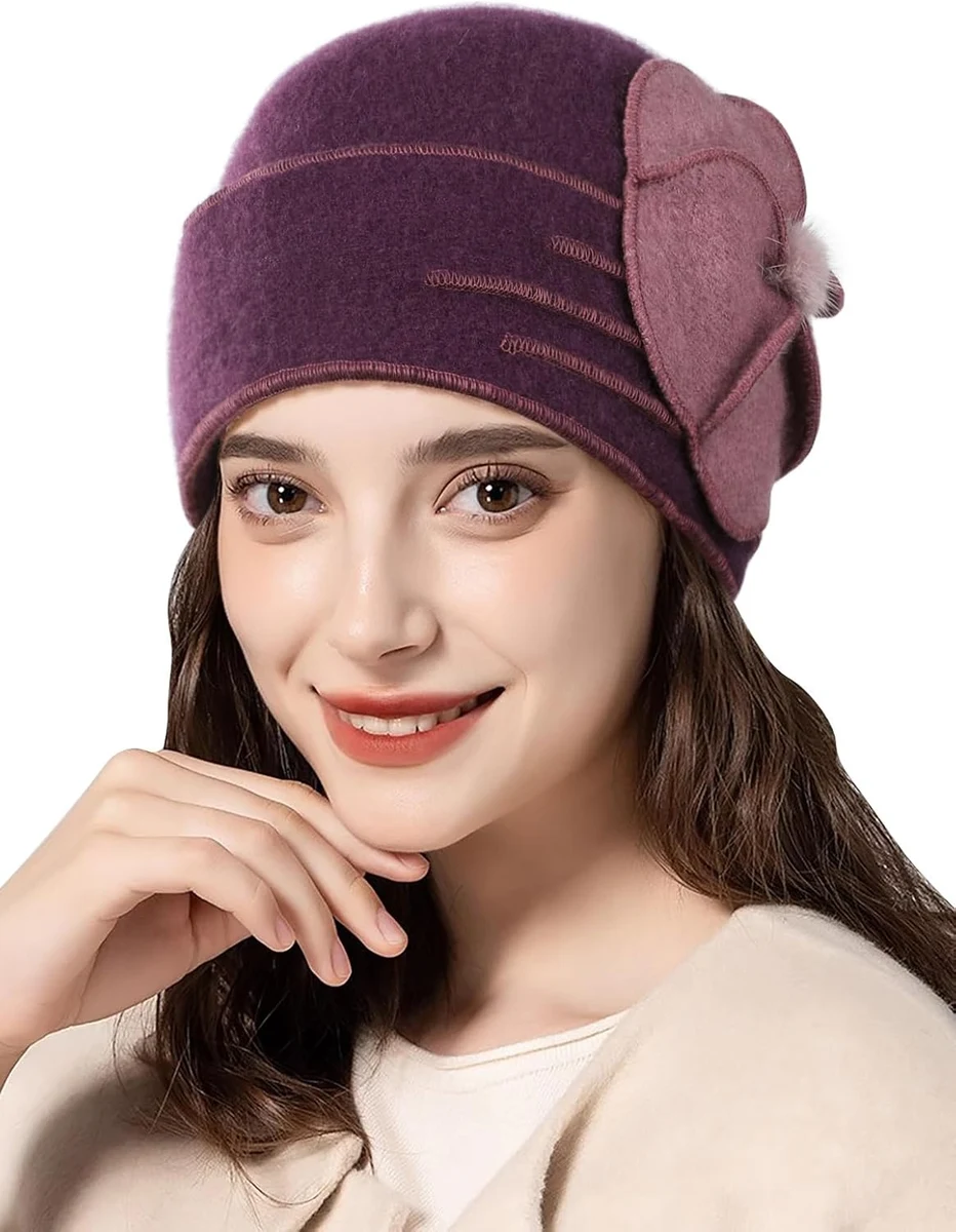 Superora Femmes Chapeaux 100% Laine Chapeau Élégant Hiver Chaud Berets Vintage Seau Chapeau Fleurs Bowler