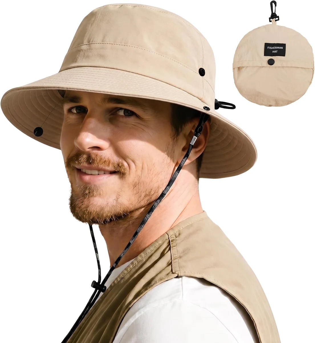 ehsbuy Bob Homme Femme Chapeau Safari Cowboy Style Chapeau Soleil Imperméable Pêcheur Cap Pliable Randonnée Boonie Hat avec Mentonnier Réglable pour Outdoor