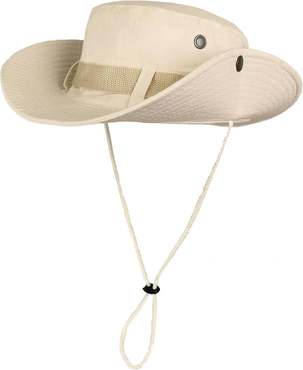 ehsbuy Safari Chapeau Soleil Homme Large Bord Piable Coton Respirant Cowboy Style Boonie Chapeau de Brousse avec Menton Réglable pour Randonnée Peche Chasse Camping