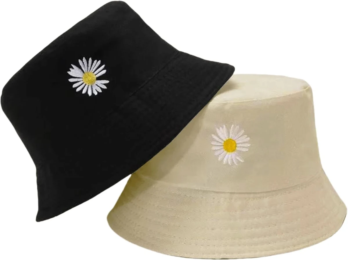 Chapeaux Femmes,Chapeau Bob Broderie Daisy Pêcheur D'été Femme Bob Réversible Coton De Soleil Pliable Double Face Chapeau pour Randonnée L'extérieur La Pêche Camping 56-58cm