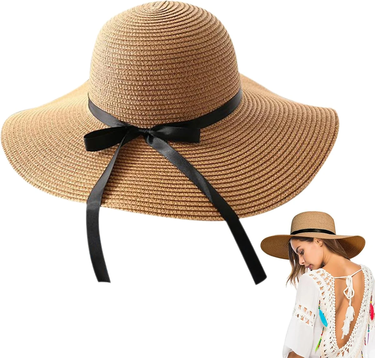 UILYNIU Chic Plage Chapeau Été en Paille de Soleil pour Femme, Style Bohème Capeline à Large Bord de Pliable Sombrero Respirant avec Ruban Panama Sun Hat pour Festival Voyage Décoration