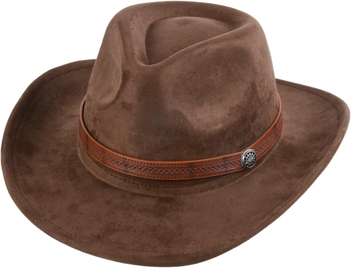 Chapeau de cowboy pour homme et femme - Chapeau western en daim - Chapeau panama - Chapeau de cowboy et de cowgirl - Chapeau en feutre - Chapeau Fedora à large bord - Marron - Taille unique