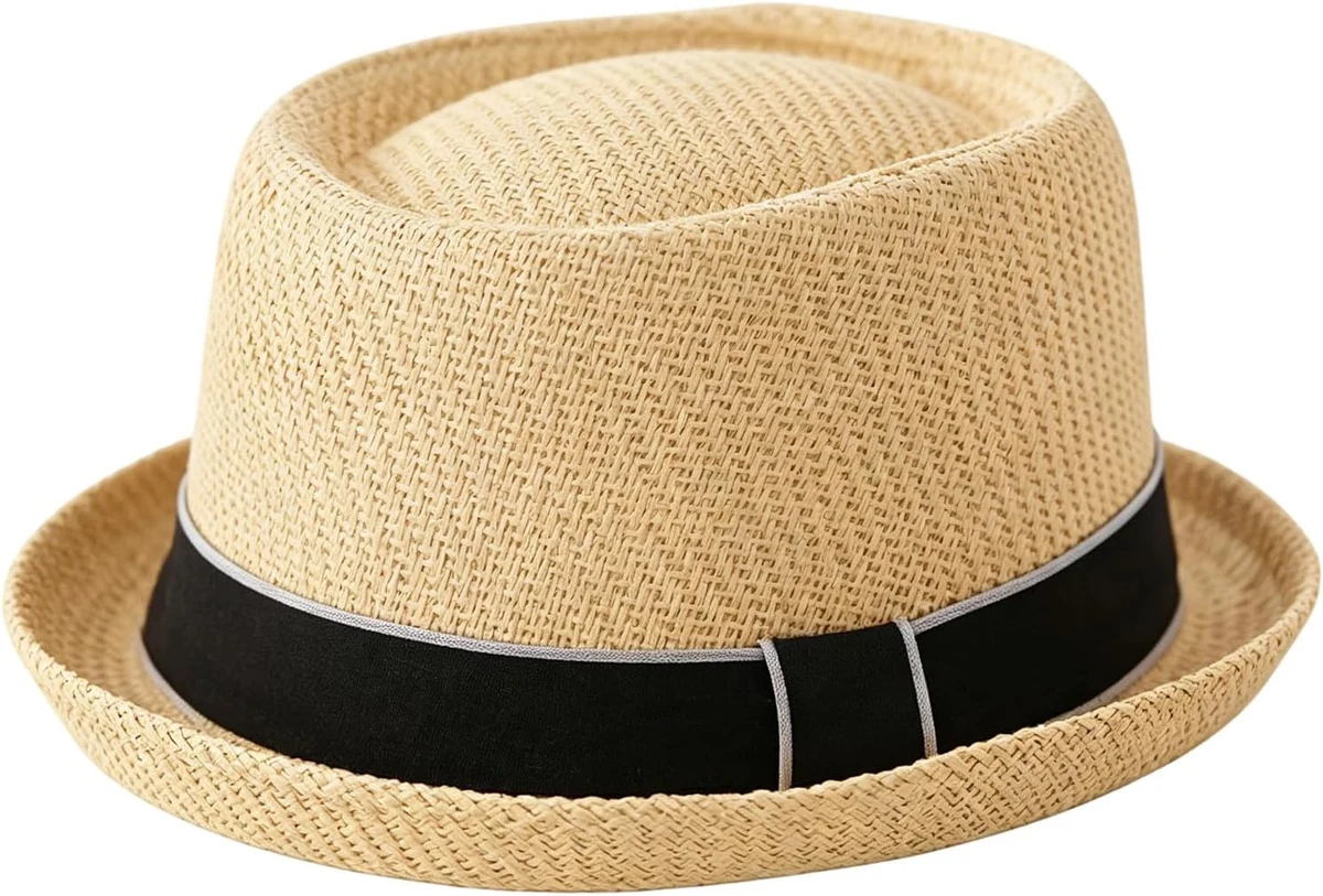 HEYANN Pork Pie Chapeau de paille pour homme Pork Pie Fedora 58 cm Chapeau d'été pour hommes et femmes, bowler plat protection solaire chapeau classique