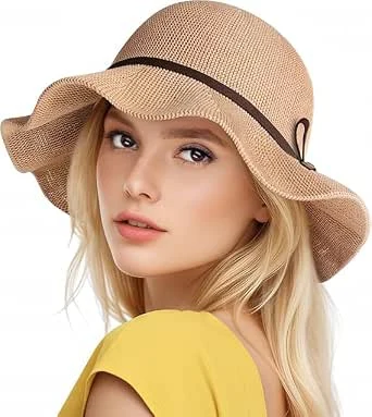 Chapeau de Soleil Femme, Chapeau D'été à Bord Large UPF 50+ Chapeau de Plage Anti-UV Pliable Floppy Sun Hat pour Beach Voyage Vacances (Kaki)