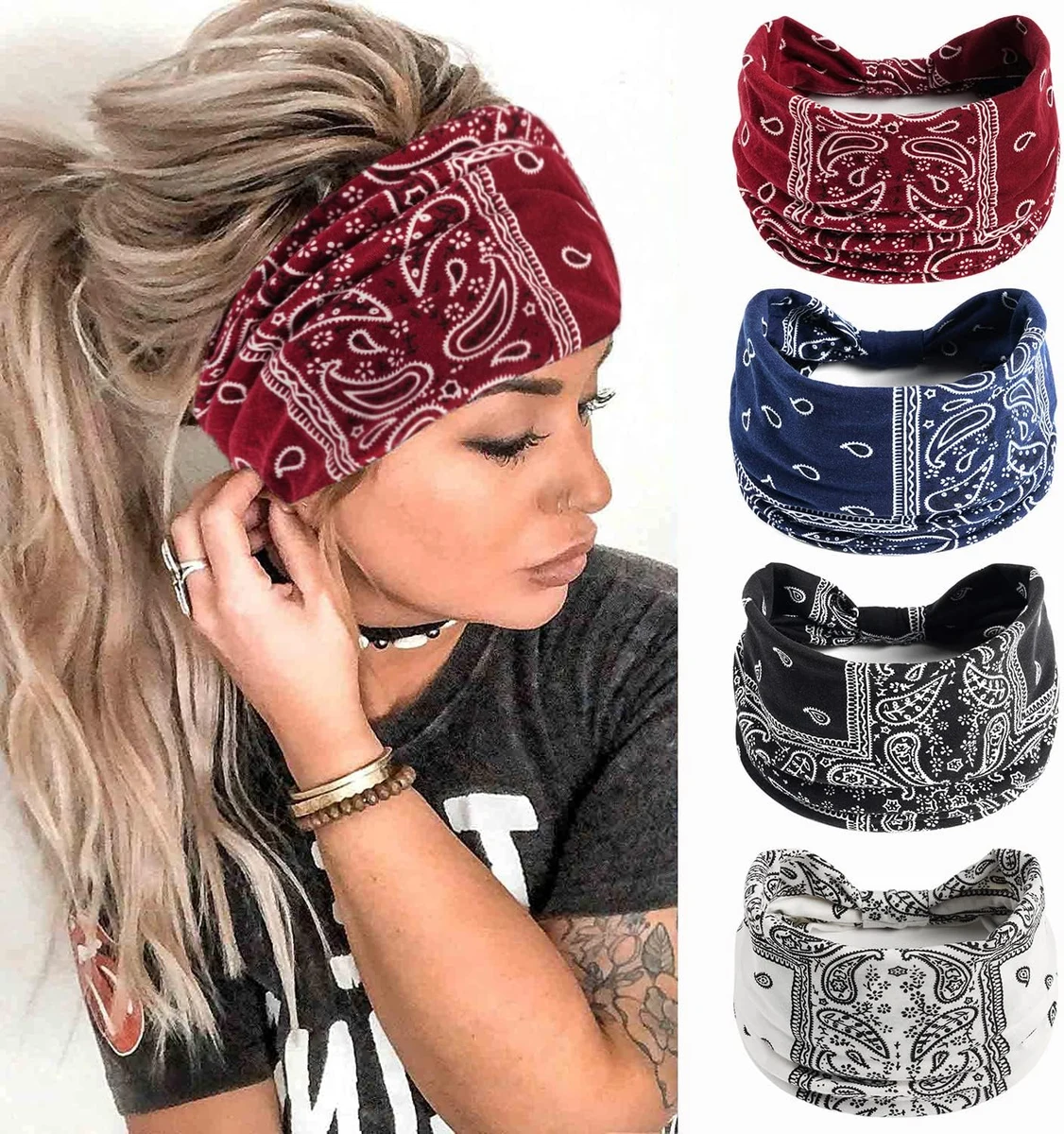 Flintronic 4 Pièces Bandeau Cheveux Femme, Extra Large Serre Tete Élastique Bandana, Bandana Yoga Sport Cheveux Femme Multicolore