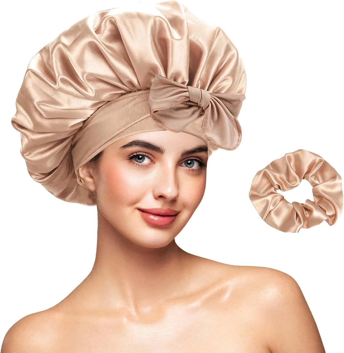 Bonnet de Nuit Réversible Double Couche en Satin avec Elastique Réglable, Set de Bonnet et Chouchou en Satin pour Femme, Chapeau de Sommeil pour Cheveux Bouclés