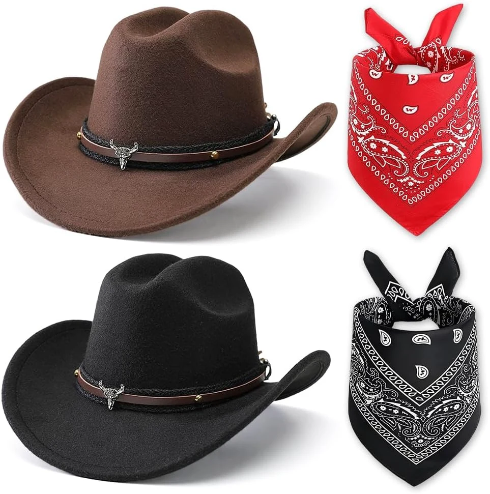 Chapeau Western 4 Pièces Casquettes Foulard Set Chapeau De Cowboy Occidental Vintage Avec Accessoires Uniques Tête De Taureau Adaptés Pour Halloween Les Fêtes À Thème
