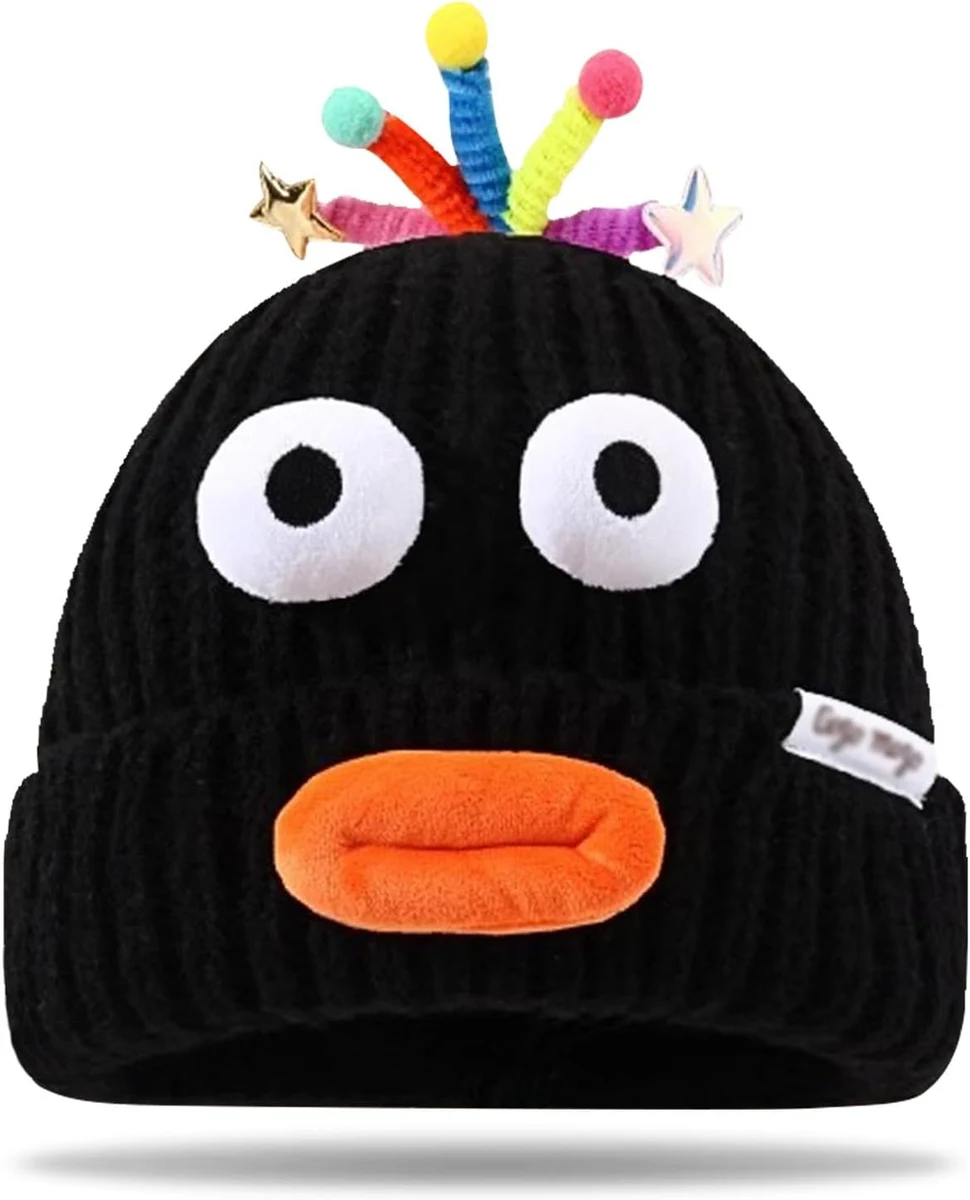 Bonnet Homme Femme Hiver Chaud Amusant Tricot Extensible Bonnet avec Expressions Ludiques Bonnets Douillet sans Rebord Hiver Cadeau Femme Homme Adolescents, Noir, Taille Unique