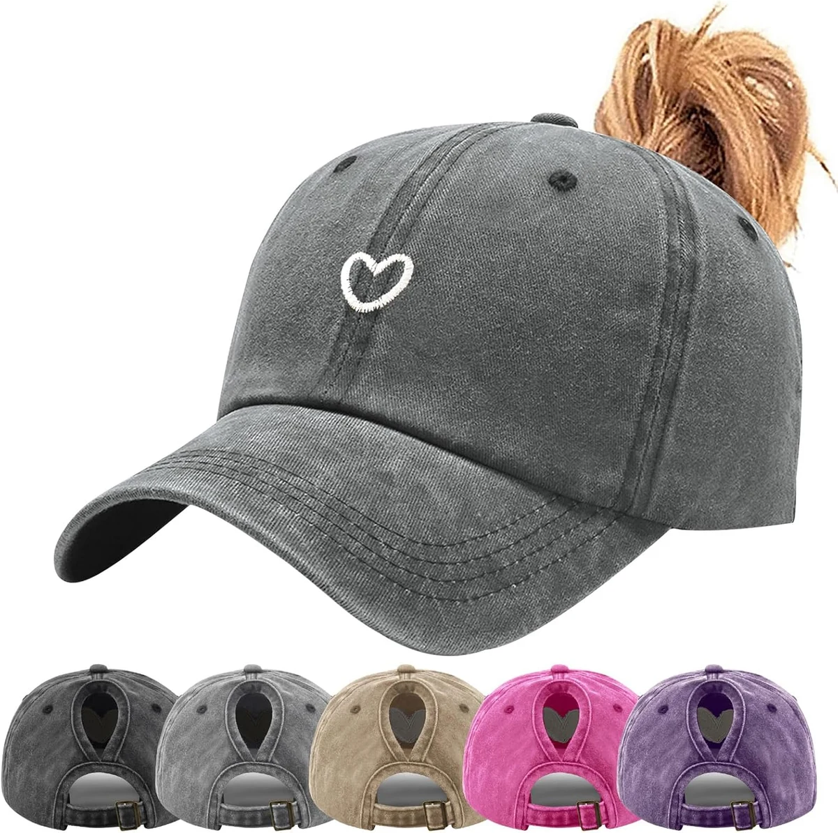 Queue de Cheval Casquette de Baseball pour Femme avec Motif Cœur Brodé Classique et Look Vintage Délavé Réglable Trucker Cap Golf Papa Chapeaux pour Sports d'extérieur