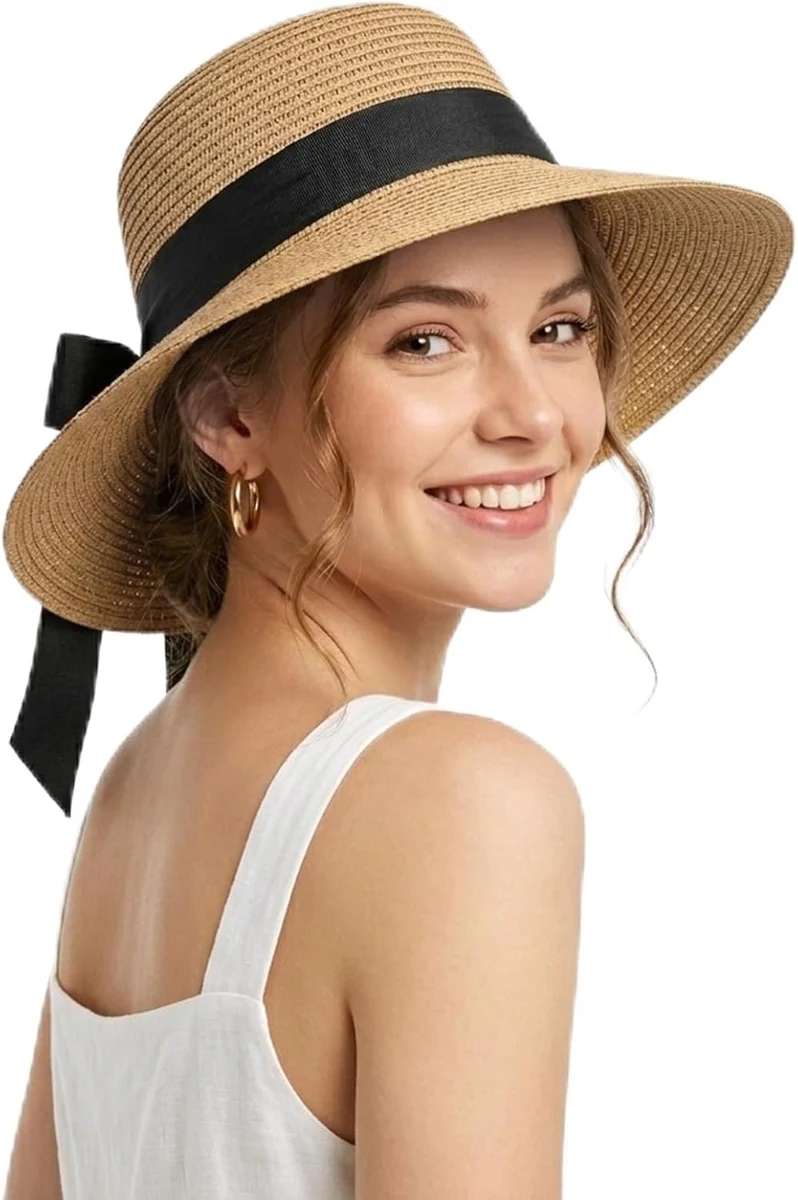Chapeau de Soleil en Paille à Large Bord pour Femmes avec nœud Noir, Chapeau de Plage d'été Pliable avec Protection UV pour Les Vacances et Le Port Quotidien