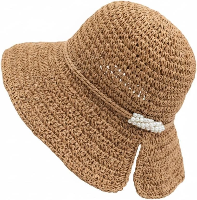 Chapeau de Paille Tressé pour Femme Pliable Légère Chapeau de Playa à Large Bord Chapeau de Soleil Idéal pour Voyage Vacances Plein Air