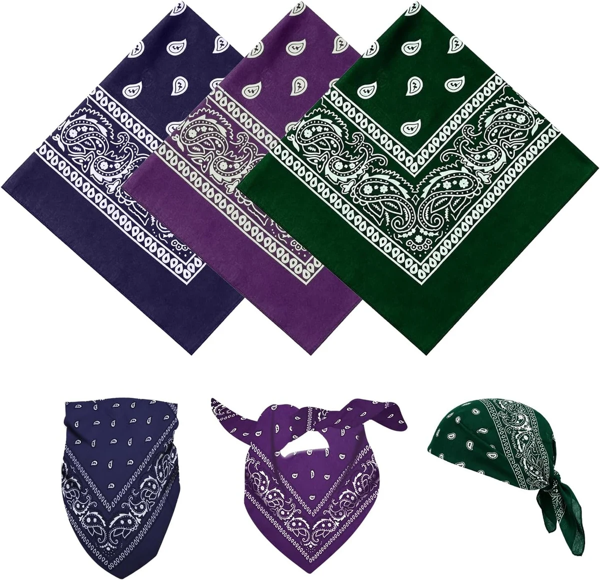 Lot de 3 Bandanas Multi-usages, imprimé Cachemire, Unisexe, pour Cheveux, pour Femmes et Hommes, Accessoires de Style Cowboy